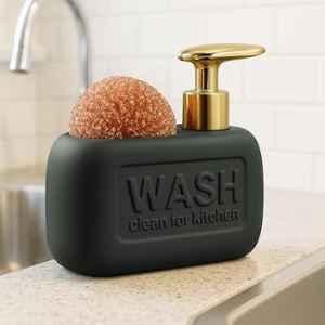 Plantex 550ml Ceramic Dark Grey & Gold Soap Dispenser with Scrubber for Wash Basin & Kitchen, APS-NZBA-440