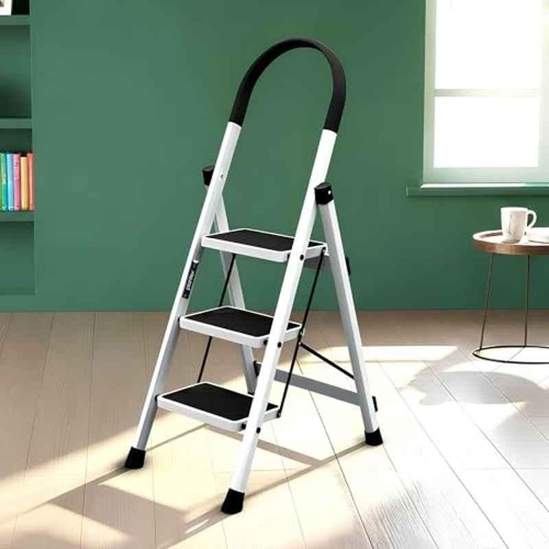 Plantex Apex-White Ladder for Home 3 Steps/Foldable Ladder with Anti-Skid Wide Steps 30x20cm/Strong D-Shape Pipe with-Support for More Stability/5 Year Warranty