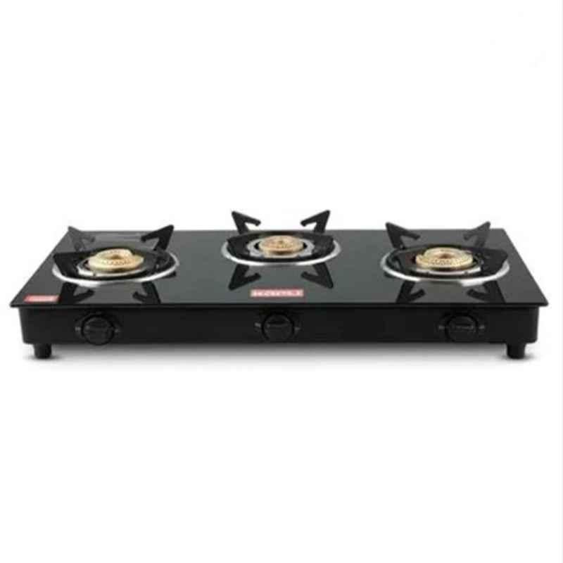 Kapli 3 Burner Mild Steel Black Manual Toughened Glass Top Gas Stove, ALCKWKAP00039