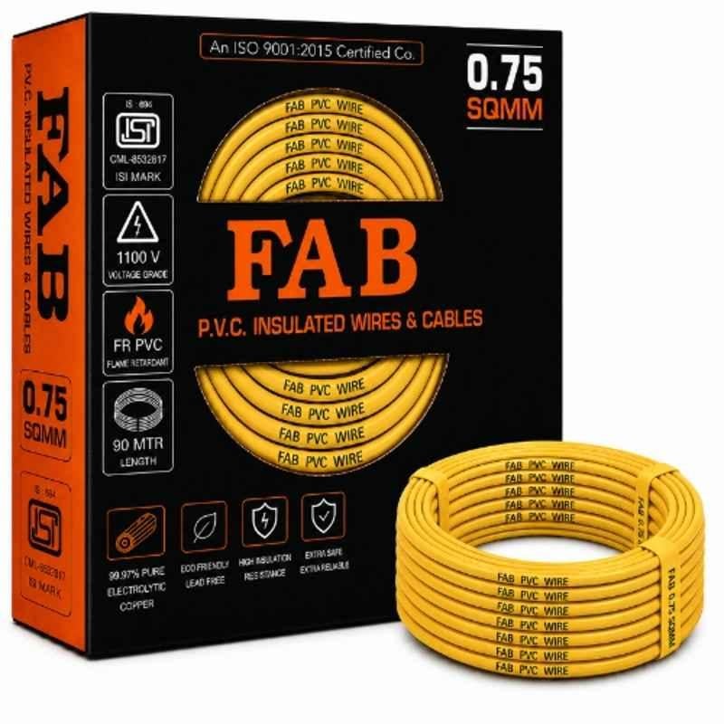 FAB 0.75 Sqmm Single Core Yellow FR PVC CCS Copper Insulated House Wire, Length: 91 m