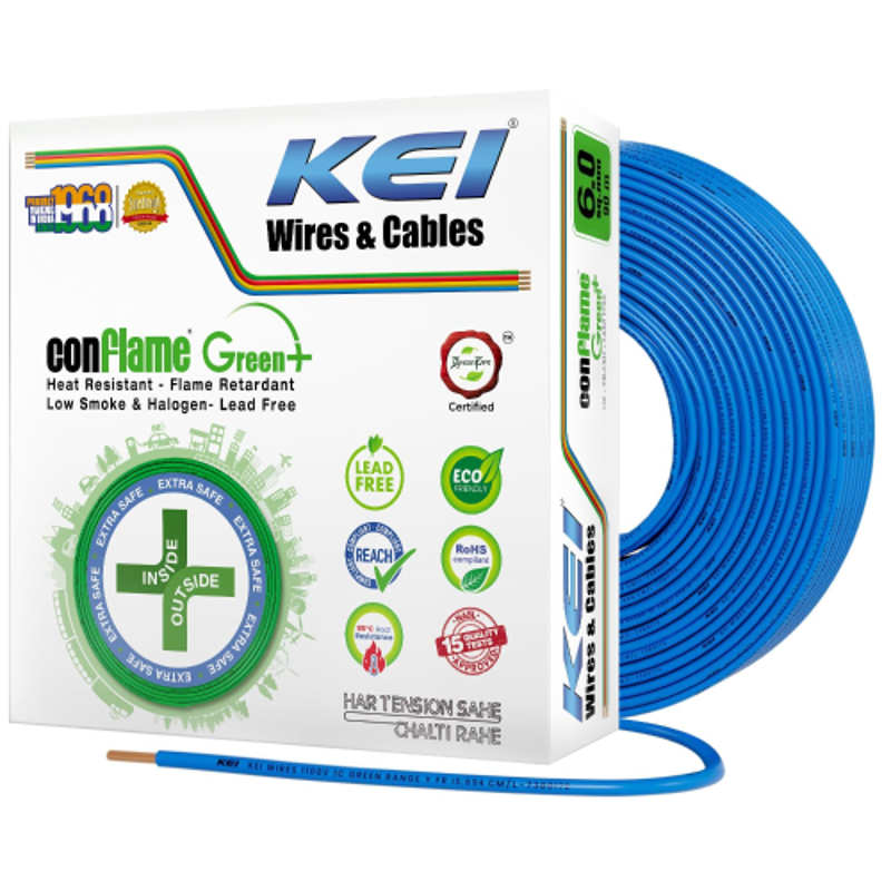 KEI Conflame Green Plus 6 Sqmm 1 Core 99.97% Pure Copper Conductor FRLSH Insulated Cable for Domestic & Commercial Electrical Wiring (Blue, 90 Meters)
