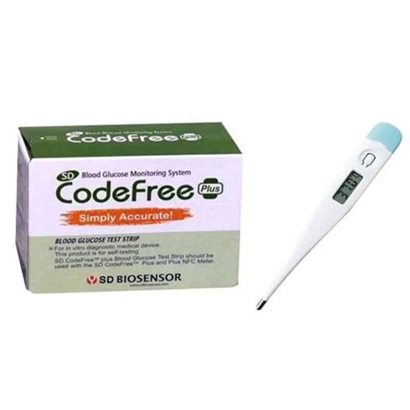 SD Codefree 100 Pcs Blood Glucose Test Strips, Lancing Device & Digital Thermometer Combo
