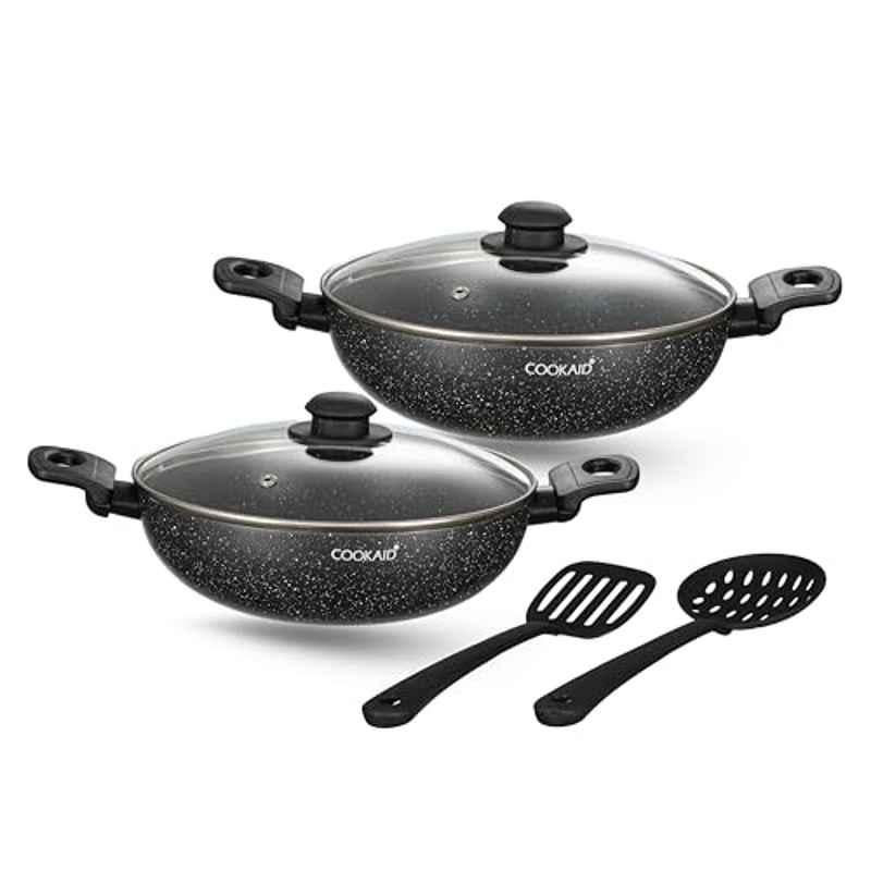Cookaid Neo Glide 2 Pcs 2 & 2.5 Litre Aluminium Cream Non Stick PTFE Coated Kadhai Set with Glass Lid & Nylon Tool, CKD-NS-K2-01