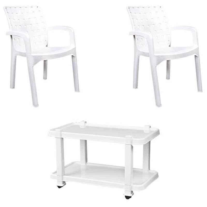 Italica 2 Pcs Polypropylene White Luxury Arm Chair & White Table with Wheels Set, 9408-2/9509