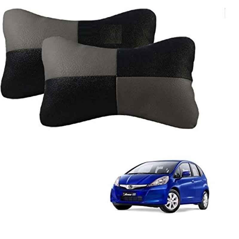 Kozdiko 2 Pcs Leather Grey & Black Neck Rest Car Cushion Pillow Set for Honda Old Jazz (2009-2014)