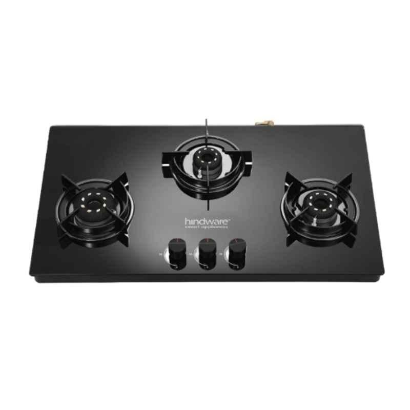 Hindware Coral Blk 3B Glass Top Cooktop with 3 Brass Burner & Manual Ignition, CT 100305