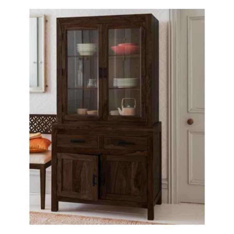 Angel Furniture Solid Sheesham Wood Glossy Finish Dark Brown Tallboy Kitchen Crockery Cabinet, AF-215W
