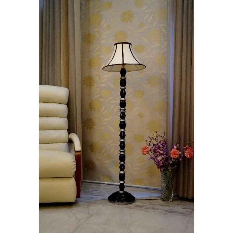 Tucasa Mango Wood Black & Silver Floor Lamp with Stripe Conical Polycotton Shade, WF-35