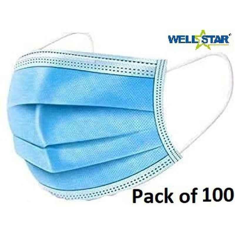 Wellstar 3 Layer Blue Surgical Face Mask with Genuine Meltblown & Adjustable Nose Clip, COURFUL MASK-02 (Pack of 100)