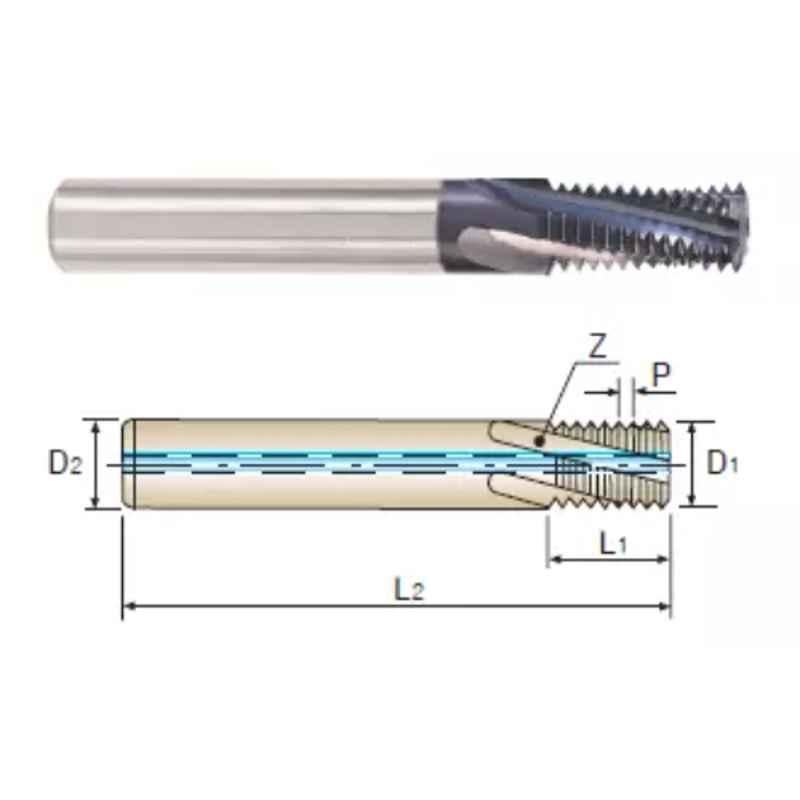 YG-1 10mm Solid Carbide TiAlN Coated Thread Mill with Coolant Hole, L4211500, Overall Length: 80 mm