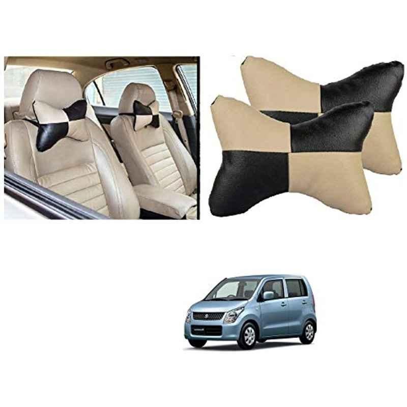 Kozdiko 2 Pcs Black & Beige Car Square Chess Design Neck Rest Seat Pillow Set for Maruti Suzuki WagonR