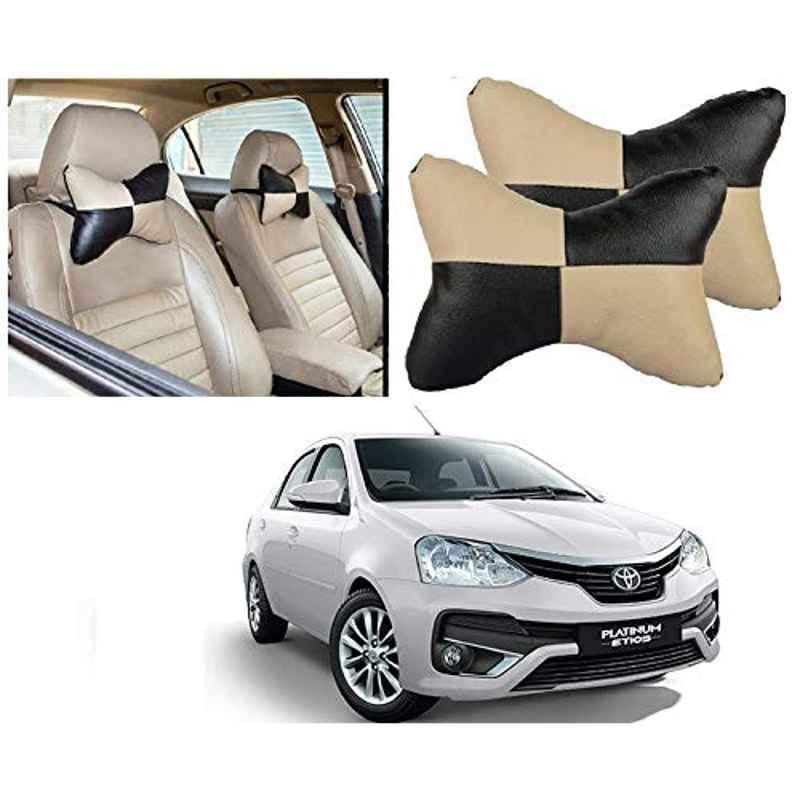 Kozdiko 2 Pcs Black & Beige Square Chess Design Car Neck Rest Pillow Set for Toyota Etios Platinum