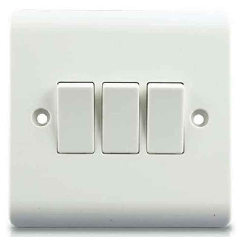Micron 10A 3 Gang 1 Way Bakelite White Plate Switch, MME0205