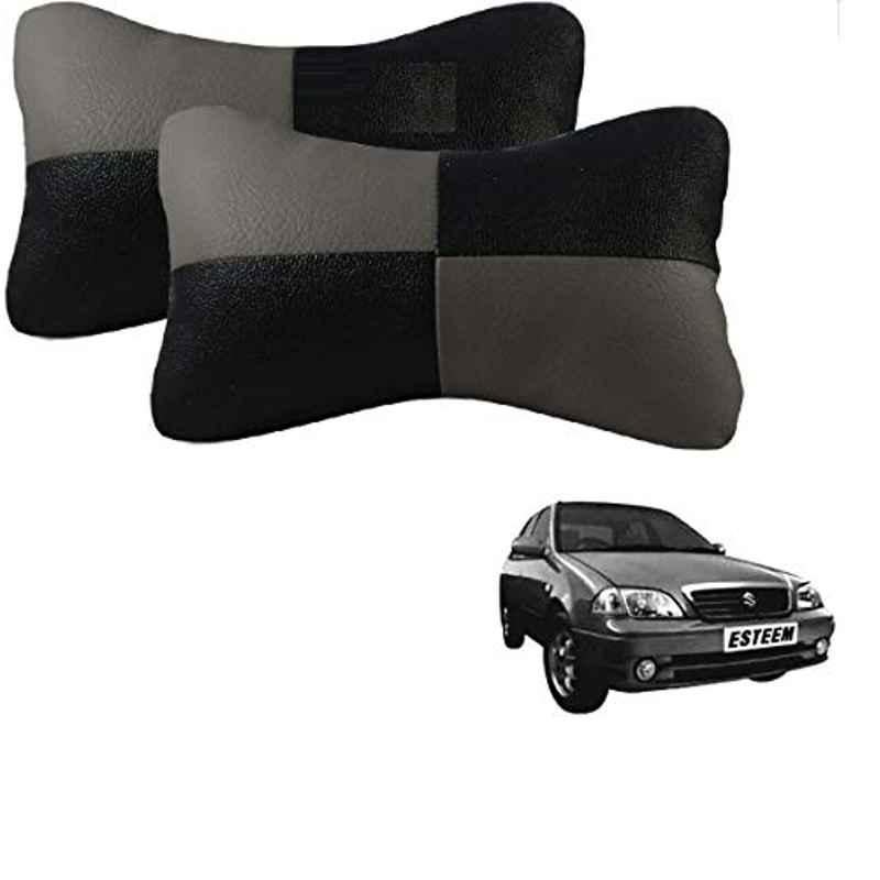 Kozdiko 2 Pcs Leather Grey & Black Neck Rest Car Cushion Pillow Set for Maruti Suzuki Esteem