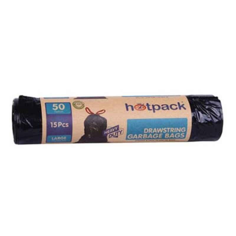 Hotpack 50 Gallon Large Black Heavy Duty Drawstring Garbage Roll, B07PP17MV1 (Pack of 15)