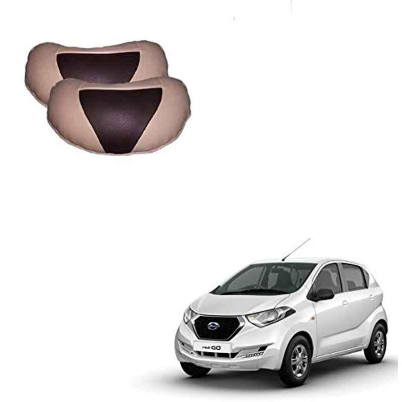 Kozdiko 2 Pcs Beige & Brown Car Neck Rest Cushion Pillow Set for Datsun Redi Go