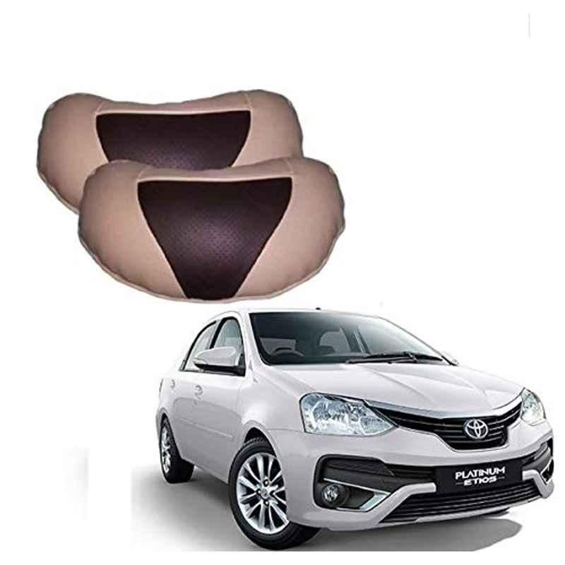Kozdiko 2 Pcs Beige & Brown Car Neck Rest Cushion Pillow Set for Toyota Etios Platinum