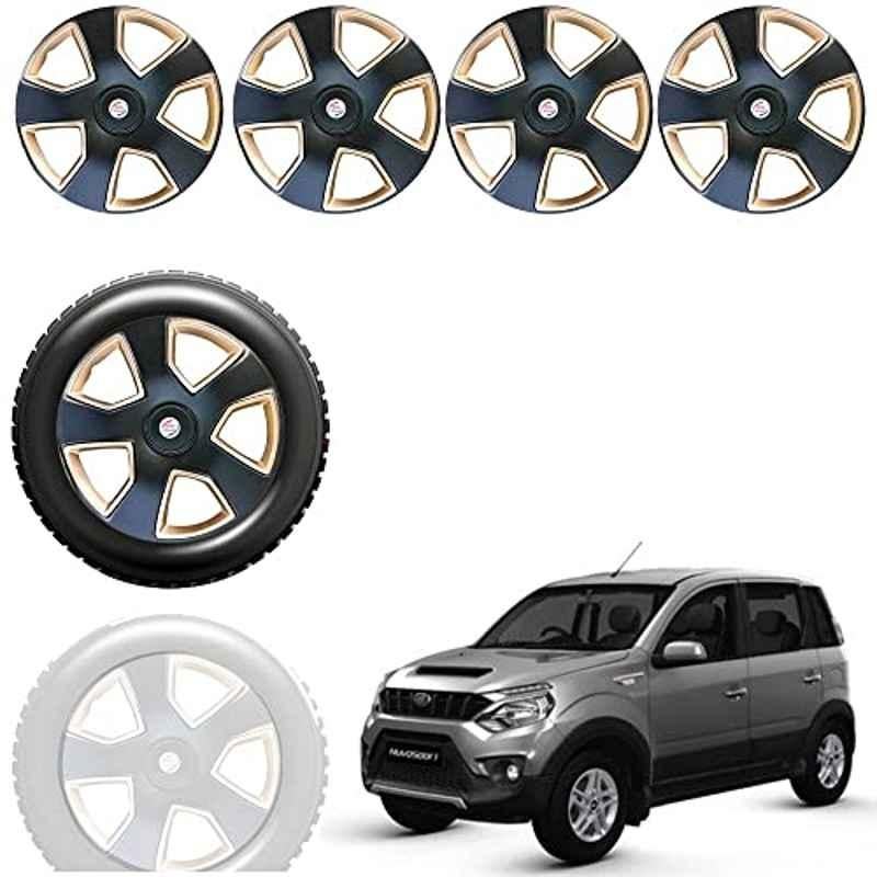 Auto Pearl 4 Pcs 15 inch Black & Golden ABS Press Type Hubcap Wheel Cover Set with Retention Ring for Mahindra NuvoSport