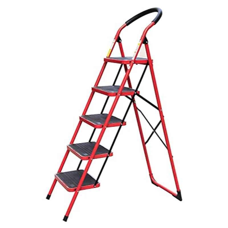 Hawk King 5 Steps Alloy Steel Red Multi-Function House Ladder with Wide Pedal Step Stool, 5S