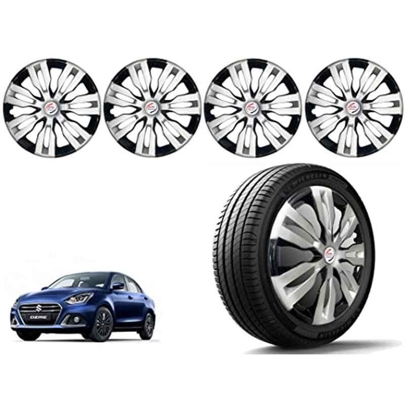 Auto Pearl 4 Pcs 14 inch Polypropylene Silver & Black Press Type Car Wheel Cover Set with Retention Ring for Maruti Suzuki Swift Dzire 2020 Onwards, 14WC_DzireT2_DC_Dzire2020onwards
