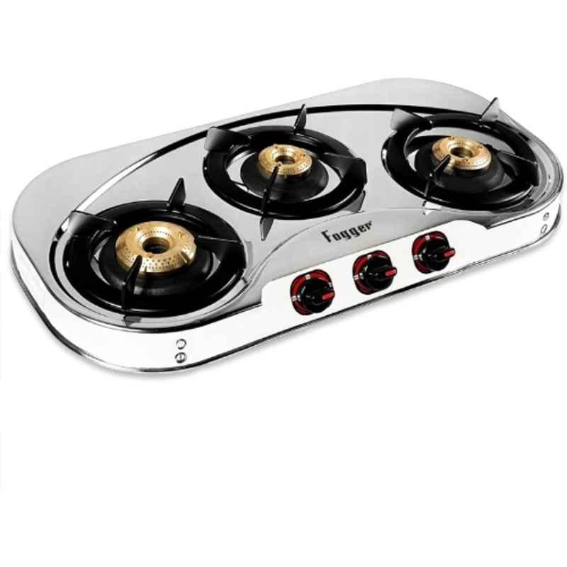 Fogger 3 Burner Stainless Steel Silver Manual Ignition Gas Stove with 2 Years Warranty