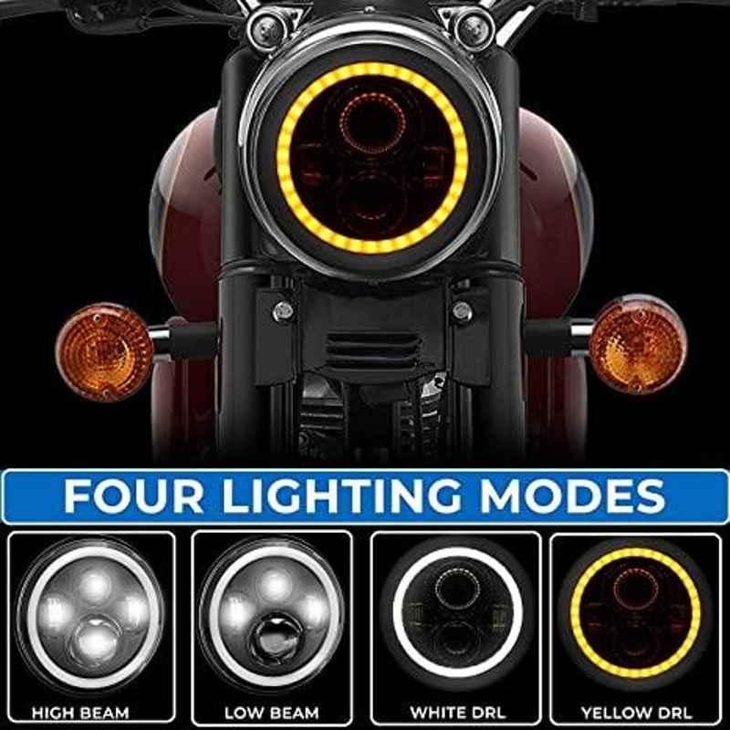 AOW 7 Inch 6 LED Headlight Dual Color DRL Ring Universal for All Royal Enfield Models, Mahindra Thar Jeep (White and Amber, Single Unit) H-28