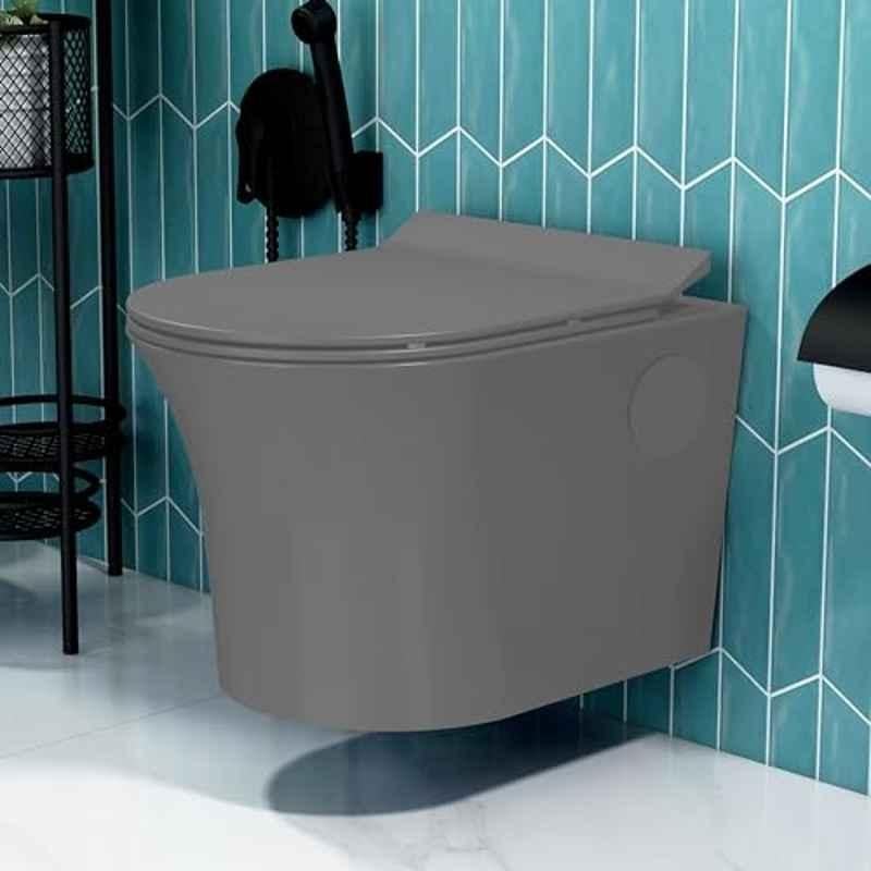 Plantex Platinum Ceramic Rimless Wall Hung Western Commode/Rimless Washdown Flushing System/P Trap Commode for Bathroom with Soft Close Toilet Seat Smoke