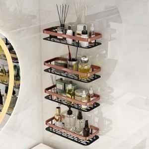 Plantex Self Adhesive Bathroom Shelf for Wall/Stainless Steel Rack with Aluminium Railing & Magic Stickers/Bathroom Organiser - Pack of 4 (12x5 inches, Copper & Black)