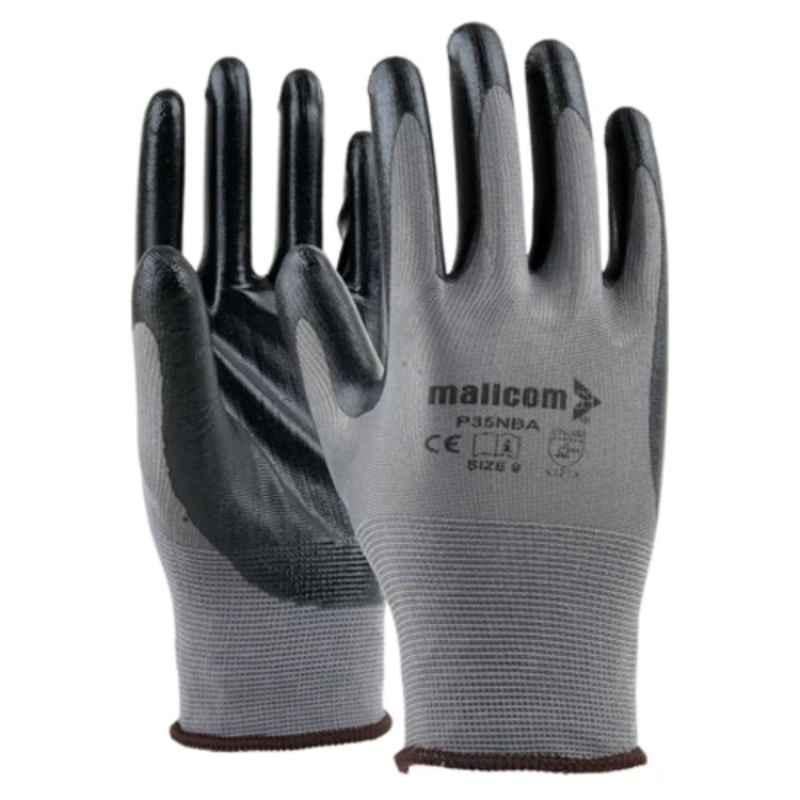 Mallcom 8 Inch Grey Liner with Black NBR Coating Safety Gloves, P35NBA (Pack of 12)