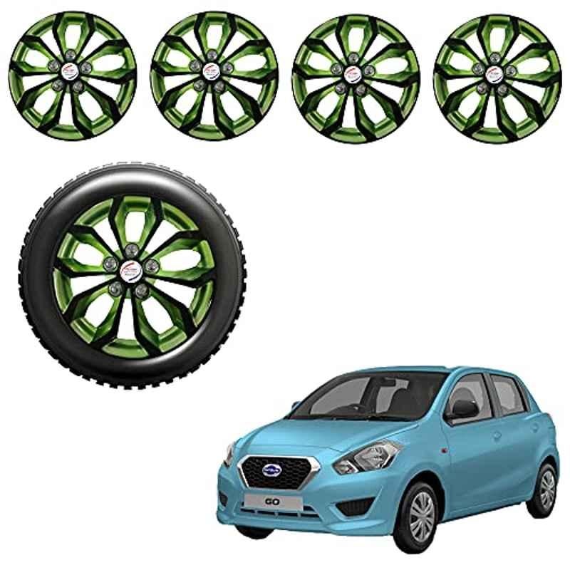Auto Pearl 4 Pcs 14 inch ABS Black & Green Press Fitting Wheel Cover Set for Datsun Go with Retention Ring