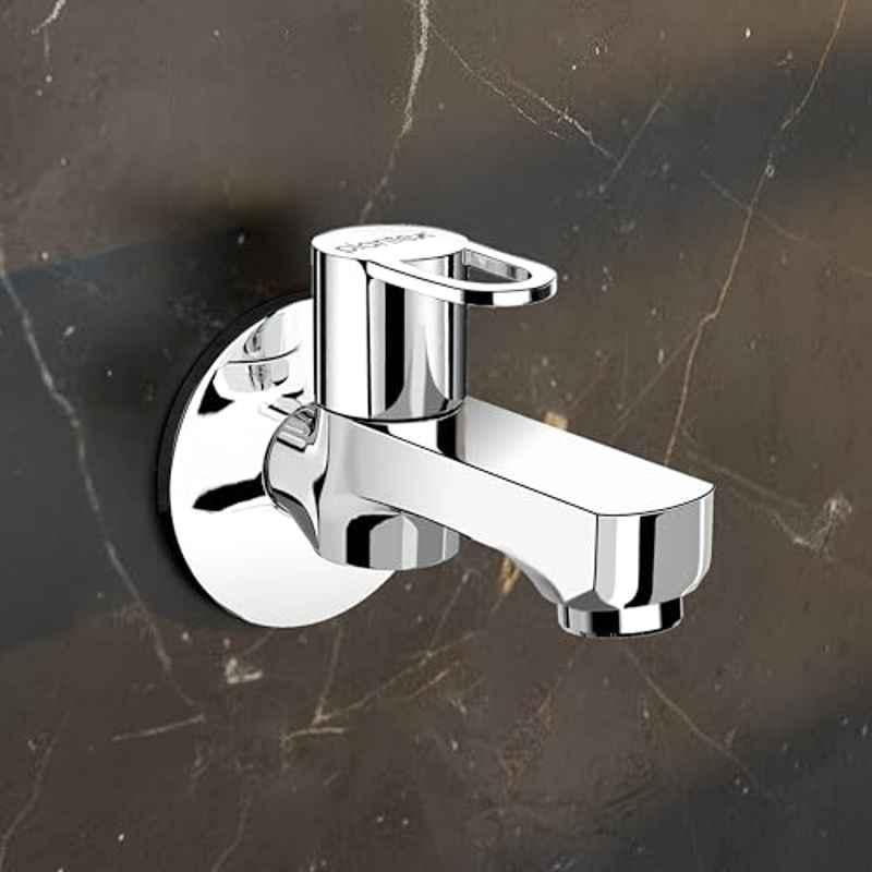 Plantex Flip Pure Brass Silver Chrome Short Body Bib Cock/Wall Mount Tap for Wash Basin with Teflon Tape & Wall Flange, APS-2250