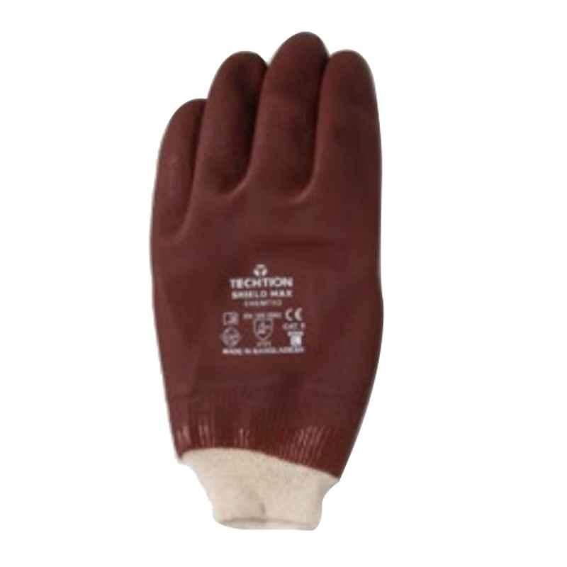 Techtion Shield Max Chempro Fully Dipped PVC Safety Gloves in Sandy finish with Knit Wrist, Size: 10.5