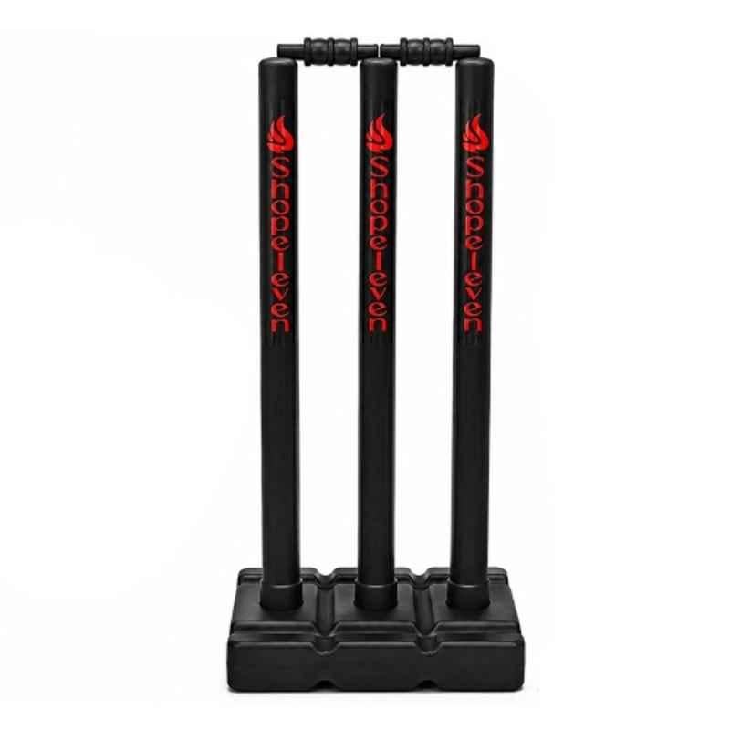 Shopeleven 3 Pcs Plastic Black Wicket Set with Stand & Bails