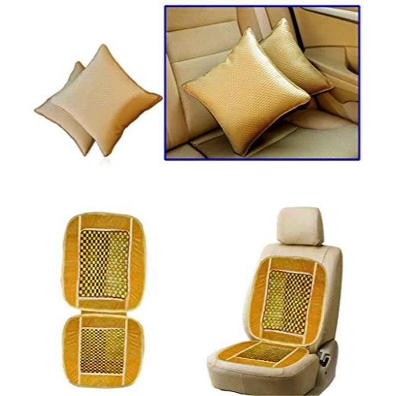 Kozdiko 2 Pcs Beige Car Cushion Pillow Set & Wooden Bead Beige Car Seat Cover Combo, Koz-5767