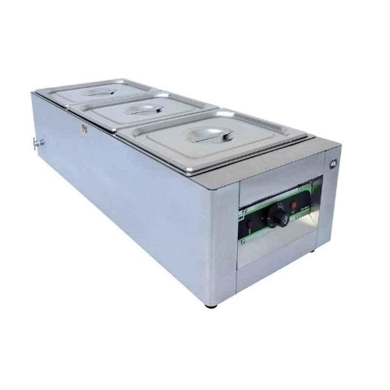 Khushi Udyog 2000W 3 Pan Stainless Steel Silver Buffet Food Warmer with Temperature Control for Hotel Catering Restaurant