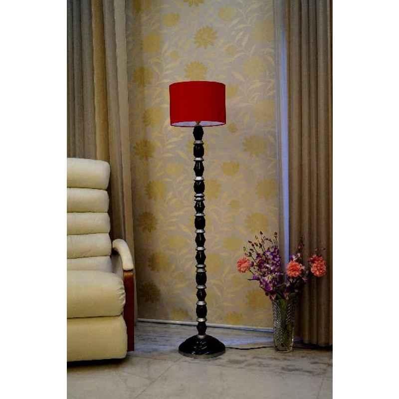 Tucasa Mango Wood Black & Silver Floor Lamp with Red Drum Polycotton Shade, WF-33