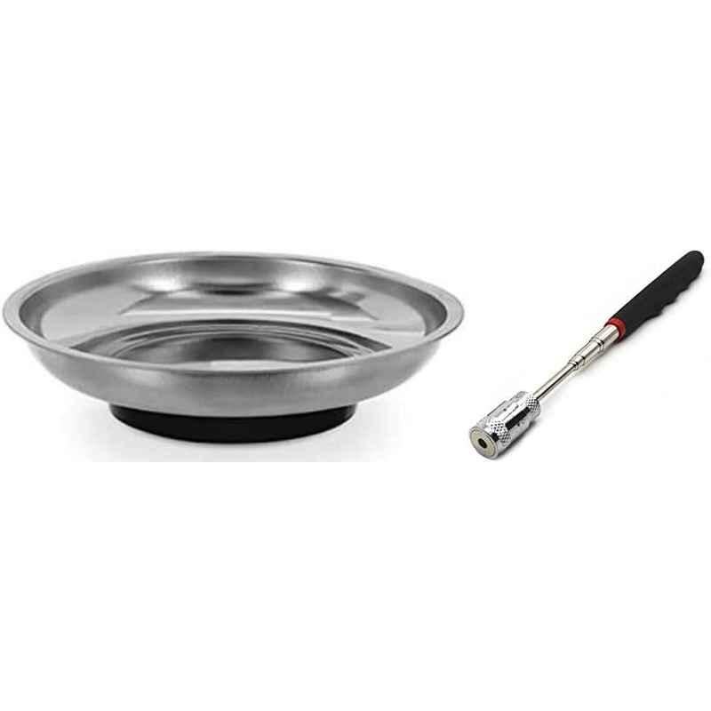 Abbasali Magntic Round Tray & Magnetic Pick-Up Tool Retrieval Tool Telescoping Stainless Steel With Led Light, Extended Length 31 Inch, Perfect For Quick Finding Of Metal Items At Home, Garage