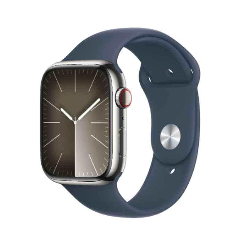 Apple 9 41mm Silver SS Case GPS & Cellular Smart Watch with M/L Storm Blue Sport Band, MRJ33QA/A