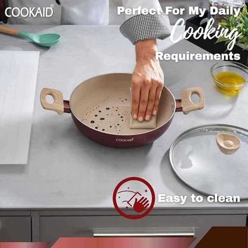 Cookaid Neo Glide 2 Pcs 2 & 2.5 Litre Aluminium Metallic Cherry Non Stick PTFE Coated Kadhai Set with Glass Lid & Nylon Tool, CKD-NS-K2-01