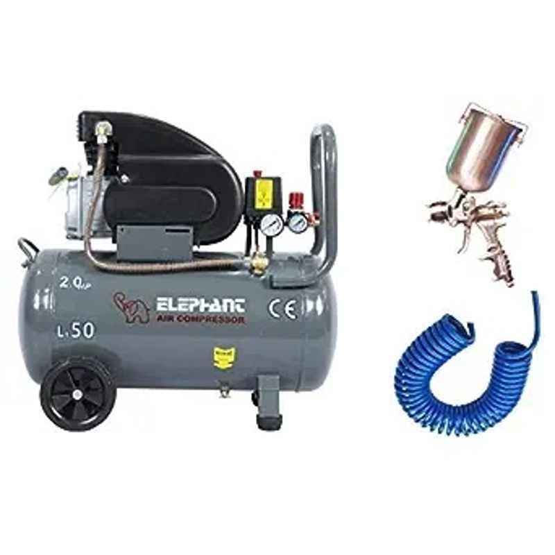 Elephant 2HP 50L Air Compressor with Paint Spray Gun 1.4mm PU Pipe & 10m Coil Set with 6 Months Warranty, AC50C-PR-01