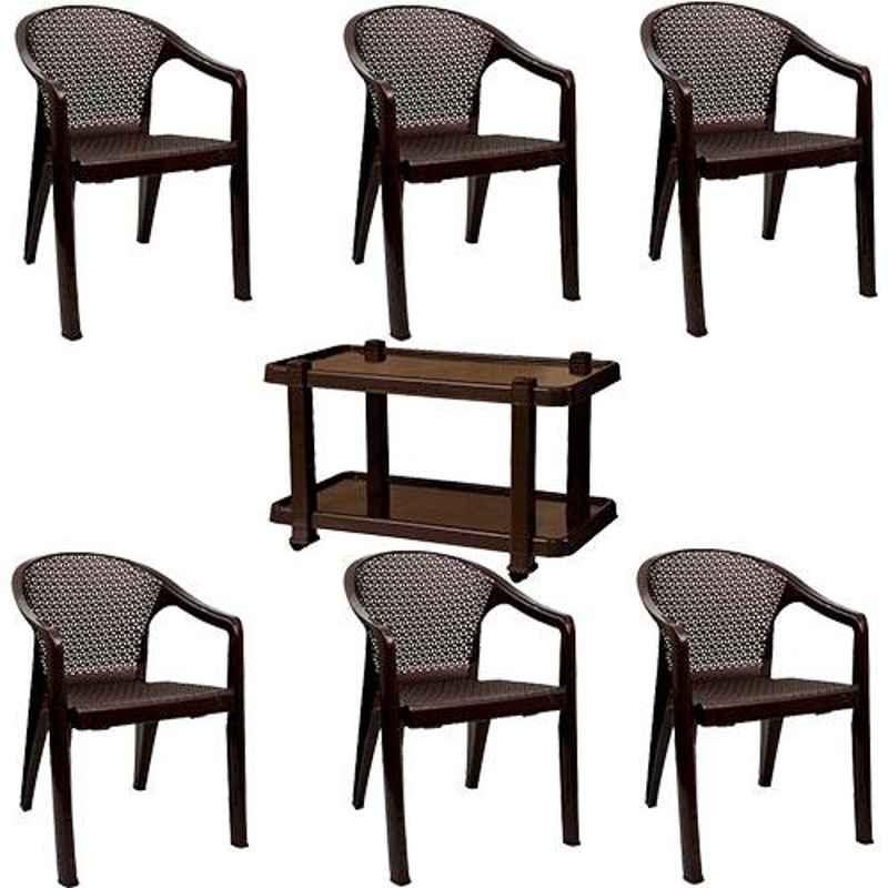 Italica 6 Pcs Polypropylene Nut Brown Oxy Arm Chair & Nut Brown Table with Wheels Set, 5202-6/9509