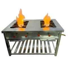 Sara Stainless Steel Rectangular Double Burner Gas Bhatti with 4 Knobs