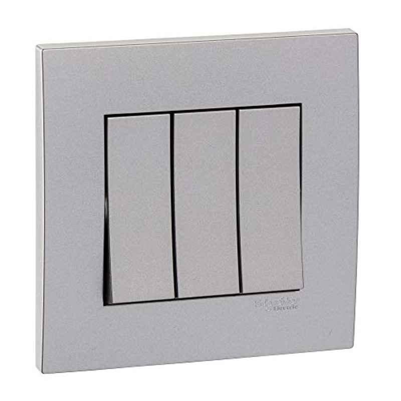 Schneider Vivace 16A 1 Way 3 Gang Polycarbonate Silver Plate Switch, KB33R_1_AS