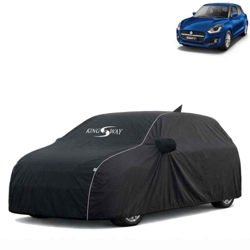 Kingsway Super Waterproof All Weather Protection Polypropylene Black Car Cover for Maruti Suzuki Swift 2021 to 2024 with Silver Piping, Mirror & Antenna Pockets