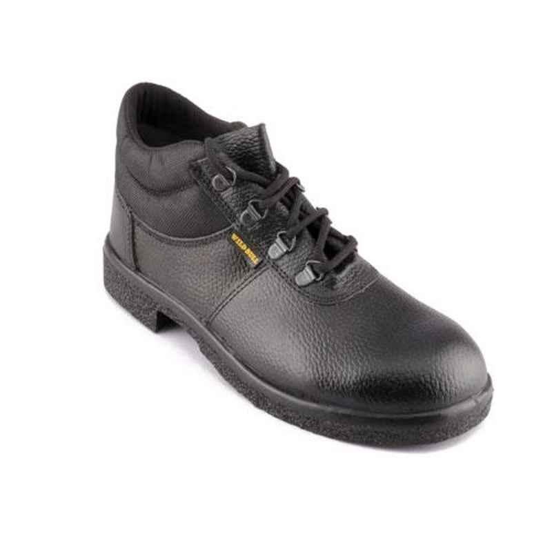 Wild Bull WB-BlackPowerPlus Leather High Ankle Steel Toe Black Work Safety Shoes, Size: 9