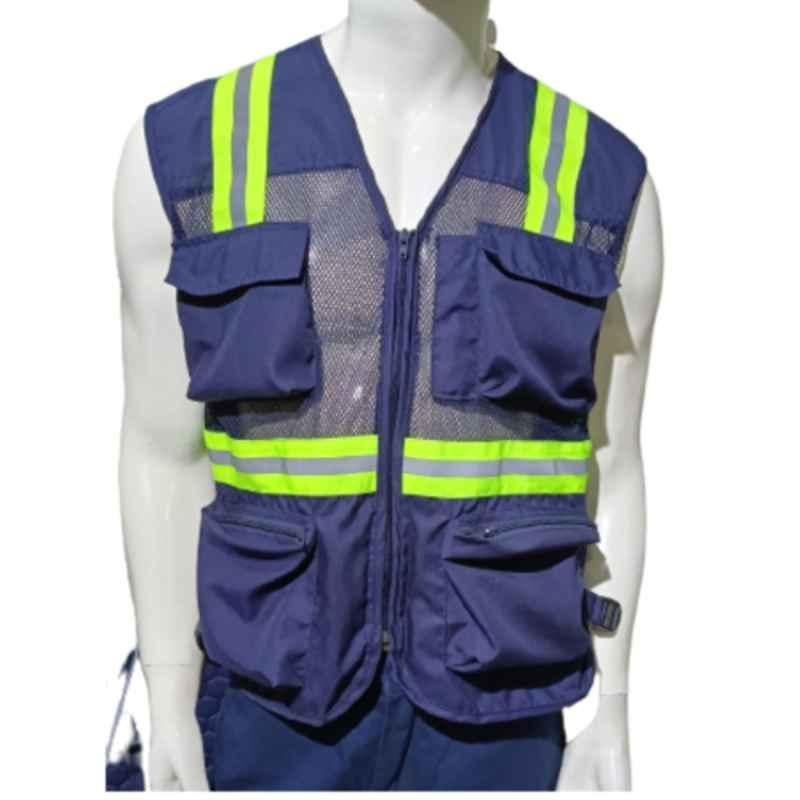 Buy Fella Bella 145 GSM Polyester Navy Blue Workwear Safety Reflective Vest  Jacket with Green & Silver Tape, Size: M Online At Price ₹588