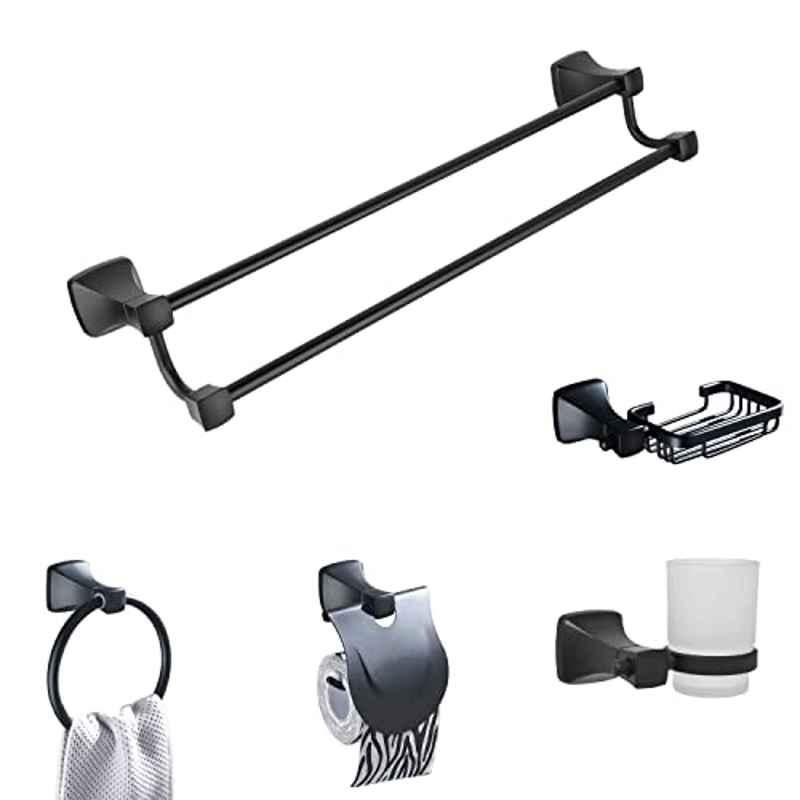 Plantex Space Aluminium Black Bathroom Accessories Set of 5-Pcs/Bathroom Hardware Set Towel Rod/Napkin Ring/Paper Holder/Soap Dish/Tumbler Holder