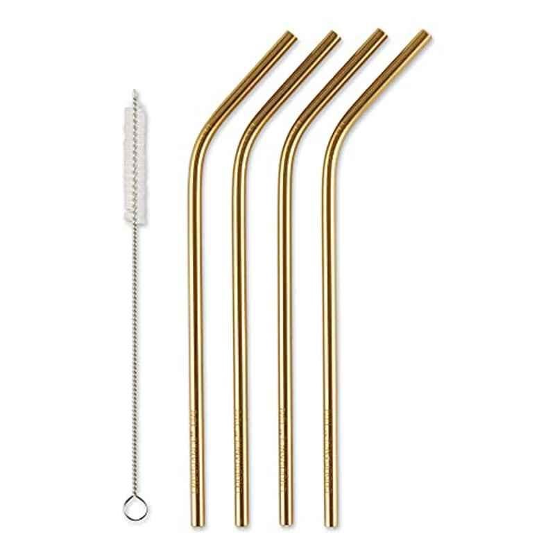 RSVP SIP-4GOL 4 Pcs 8.5 inch Stainless Steel Curved Reusable Straw Set with Cleaning Brush