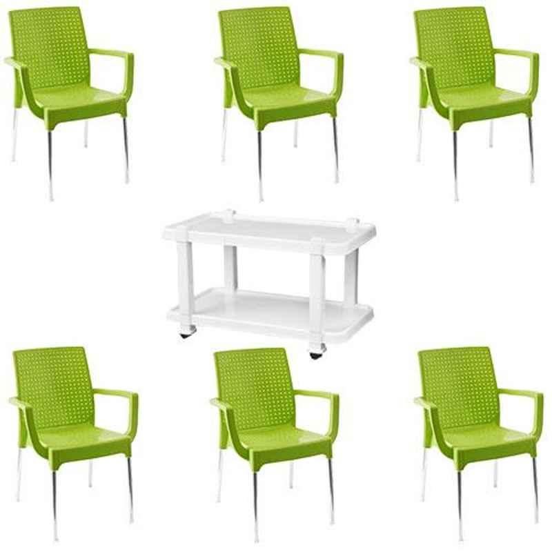 Italica 6 Pcs Polypropylene Green Plasteel Arm Chair & White Table with Wheels Set, 1215-6/9509