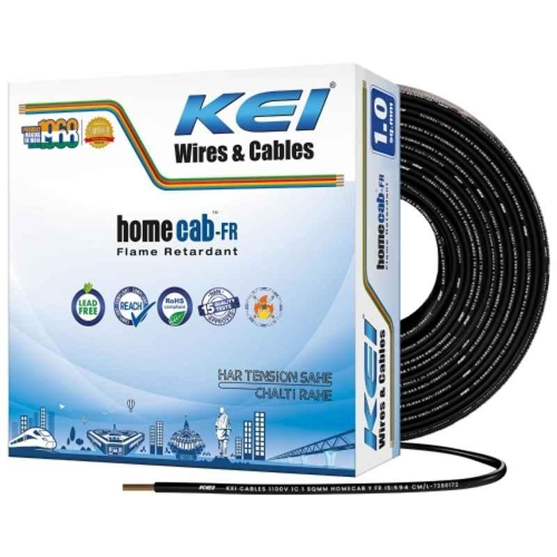 KEI Homecab 1 Sqmm 1 Core 99.97% Pure Copper Conductor FR PVC Insulated Cable for Domestic & Commercial Electrical Wiring (Black, 90 Meters)